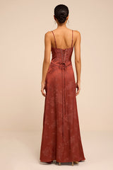 Elin Rust Floral Jacquard Lace-Up Maxi Dress