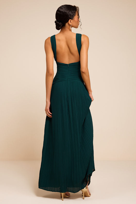 Kelina Emerald Green Pleated Drop Waist Maxi Dress