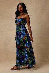 Jenny Black Floral Print Strappy Tie-Back Maxi Dress
