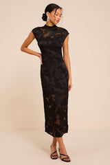 Tensely Black Floral Jacquard Cap Sleeve Midi Dress