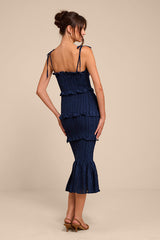 Aymana Navy Smocked Bodycon Midi Dress