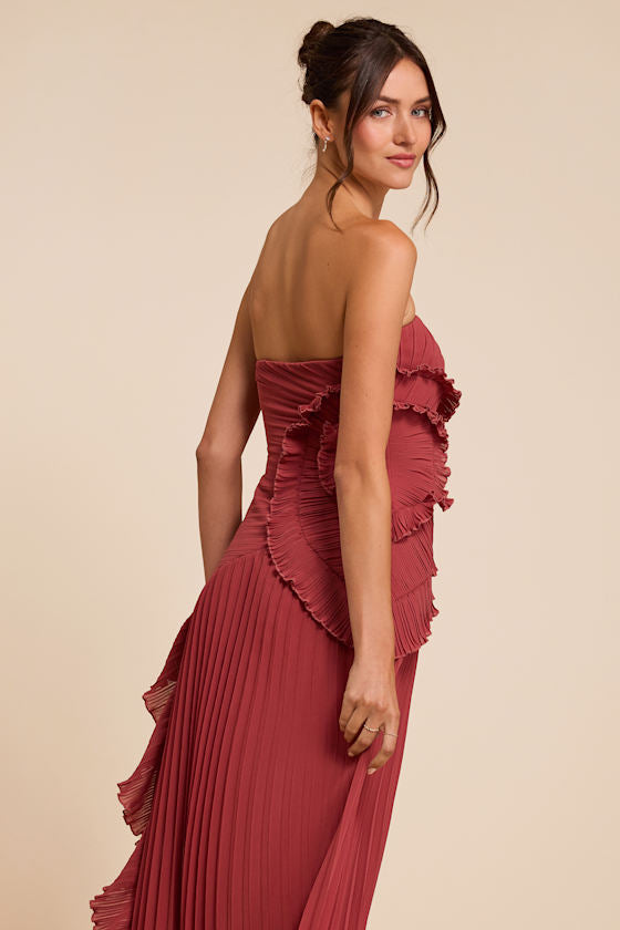 Brylee Rusty Rose Pleated Ruffled Maxi Dress