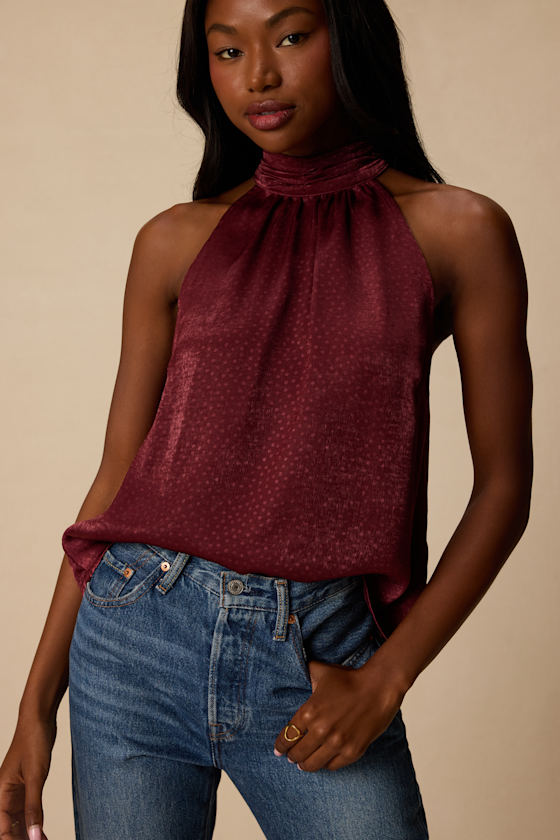 Camille Burgundy Satin Mock Neck Tank Top