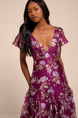 Deluca Plum Floral Ruffled Midi Dress
