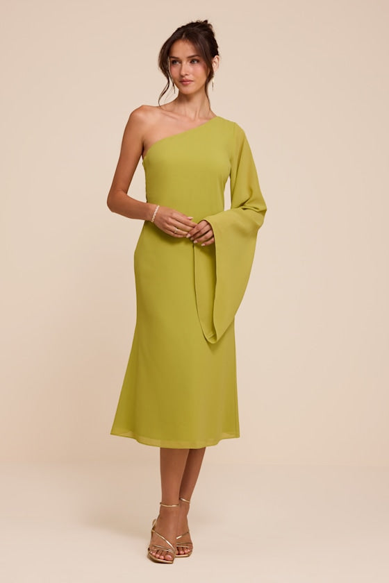 Elizabeth Chartreuse One-Shoulder Bell Sleeve Midi Dress