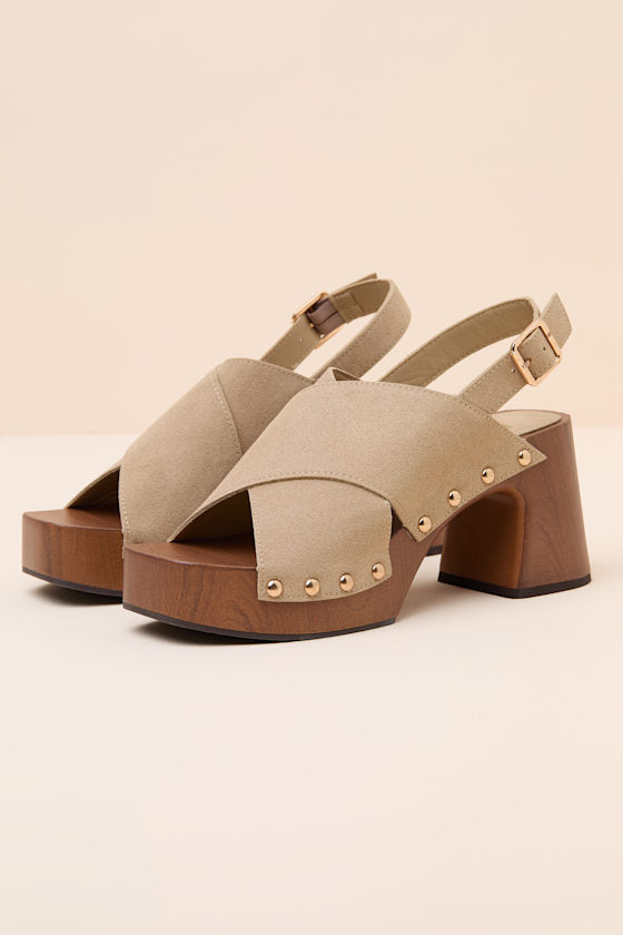 Eudora Sand Suede Wooden Platform Slingback Sandals