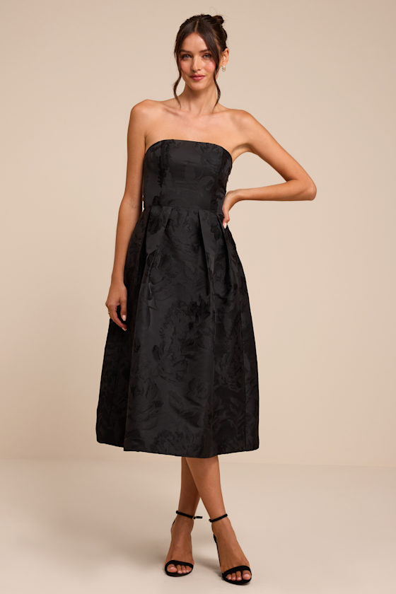 Laurelin Black Floral Jacquard Strapless Midi Dress