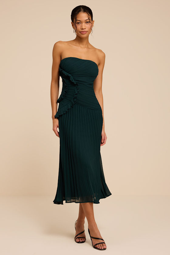 Brylee Emerald Pleated Ruffled Midi Dress