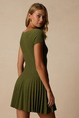 Sarielle Olive Pleated Sweater Mini Dress