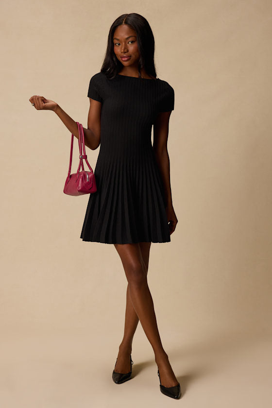 Sarielle Black Pleated Sweater Mini Dress