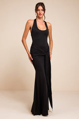 Rosalia Black Jersey Knit Sash Tie Halter Maxi Dress