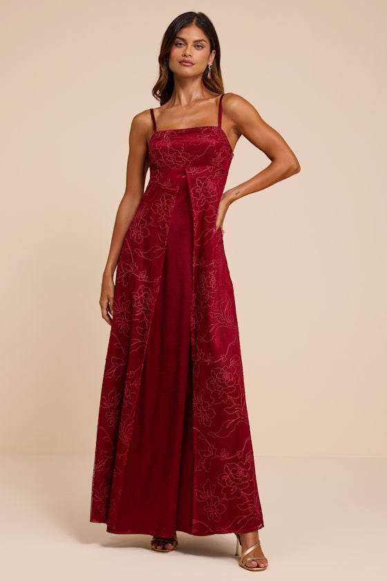 Mitzie Wine Red Embroidered Maxi Dress