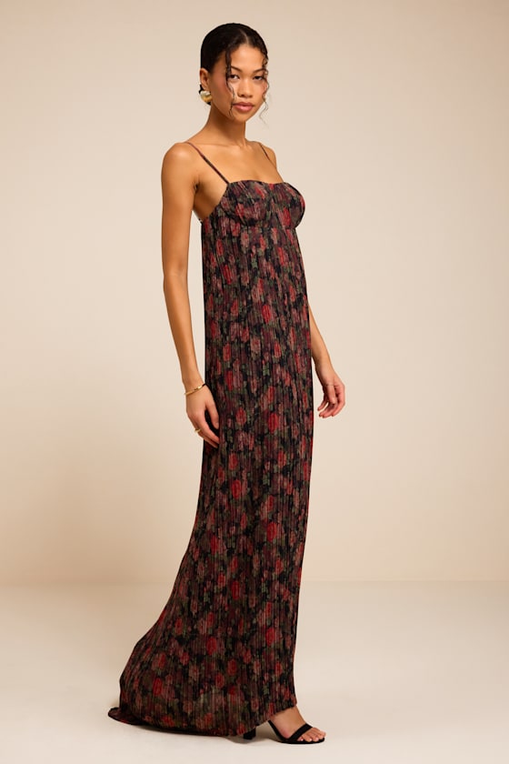 Avi Black Floral Print Pleated Sleeveless Maxi Dress