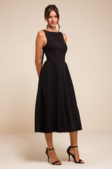 Kenly Black Boat Neck Cutout Midi Dress