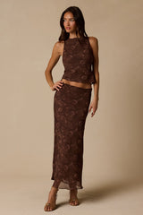 Myette Brown Floral Mesh Cowl Back Tank Top
