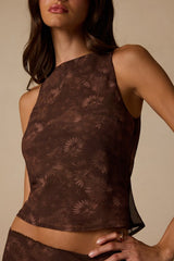 Myette Brown Floral Mesh Cowl Back Tank Top