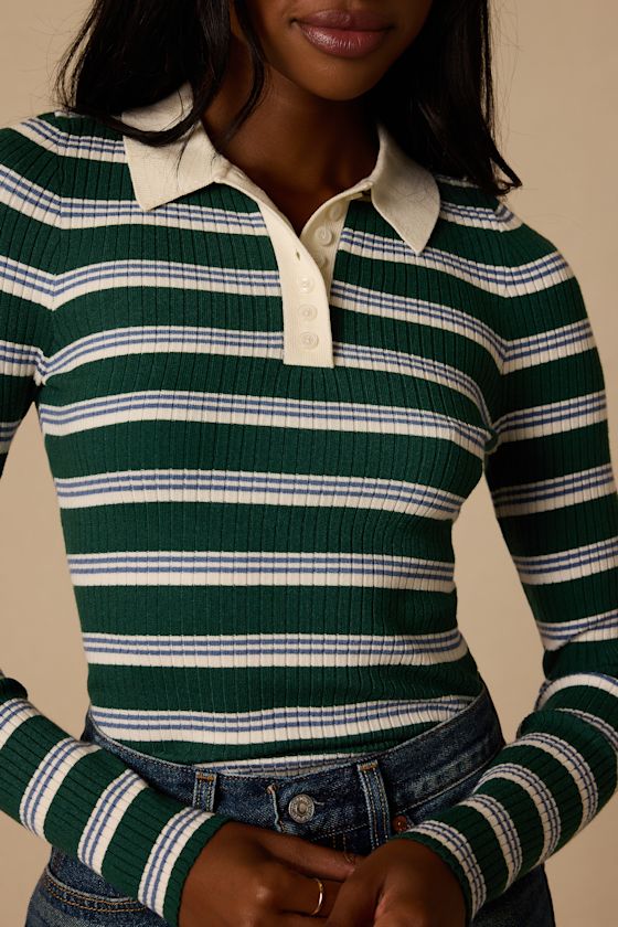 Opal Green and Blue Striped Ribbed Knit Collar Top