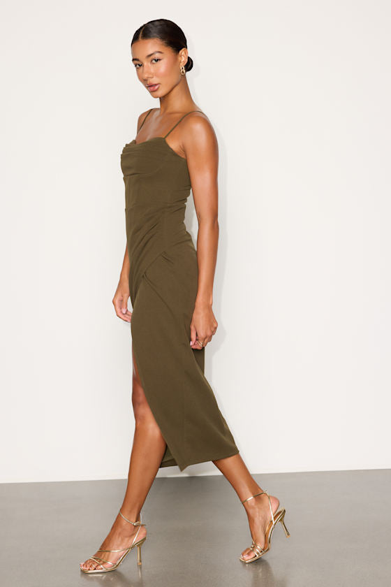 Always Turning Heads Olive Bustier Tulip Midi Dress