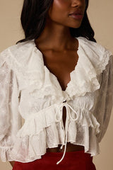 Ethel White Embroidered Ruffled Tie-Front Top