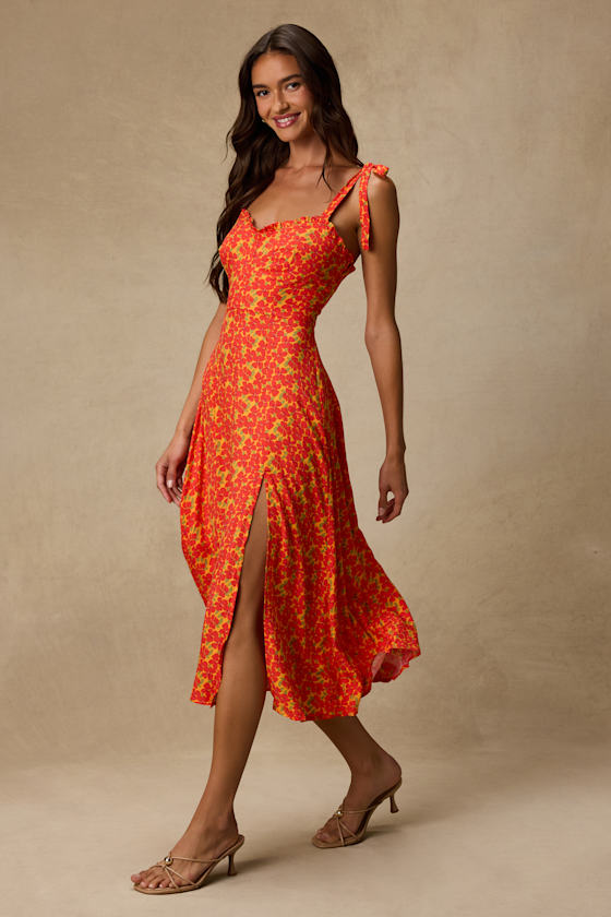 Dara Orange Multi Floral Tie-Strap Midi Dress