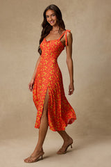 Dara Orange Multi Floral Tie-Strap Midi Dress