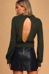 Ride On By Dark Olive Green Knit Backless Cropped Sweater