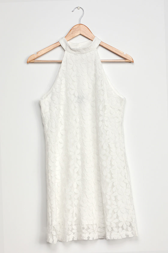 All My Adoration White Lace Halter Shift Dress