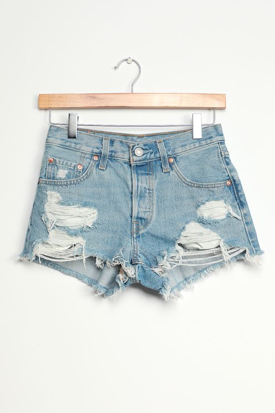 501 Mid Rise Distressed Light Wash Denim Cutoff Shorts