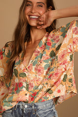 Island Style Orange Floral Print Button-Up Short Sleeve Top