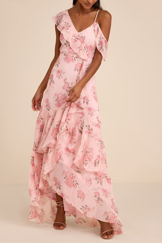 Velma Blush Floral Ruffled Asymmetrical Maxi Dress