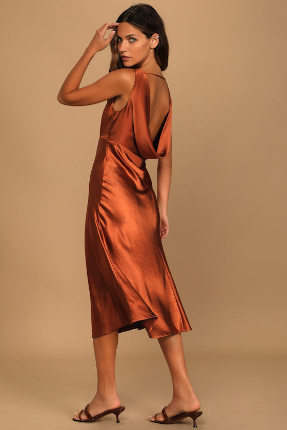 Incredible Love Brown Satin Cowl Back Midi Slip Dress