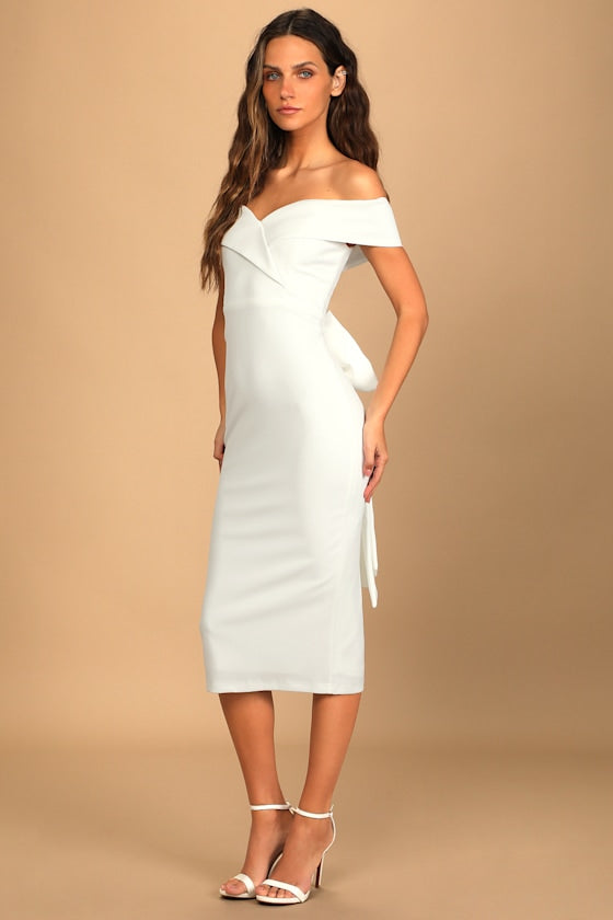Cordially Invited White Off-the-Shoulder Bow Back Midi Dress