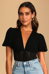 Properly Trendy Black Mesh Puff Sleeve Bodysuit