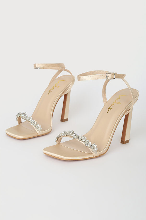 Goldiena Champagne Satin Rhinestone Ankle Strap Heels