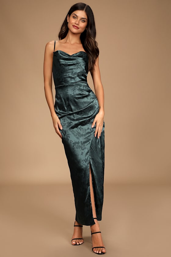 Under the Moonlight Emerald Green Satin Jacquard Maxi Dress
