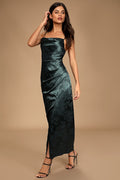 Under the Moonlight Emerald Green Satin Jacquard Maxi Dress