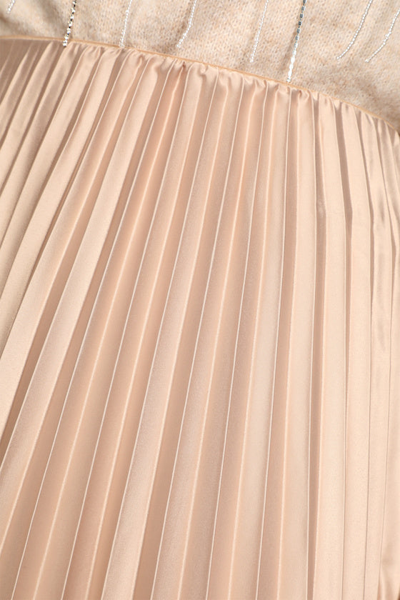 Pleat and Greet Champagne Pleated Satin Midi Skirt