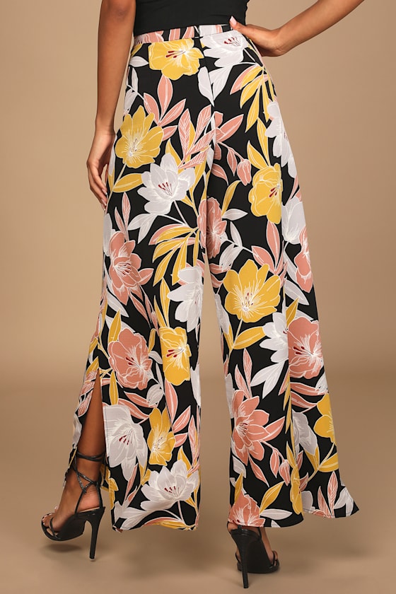 Blissful Vacay Black Floral Print Side Slit Pants