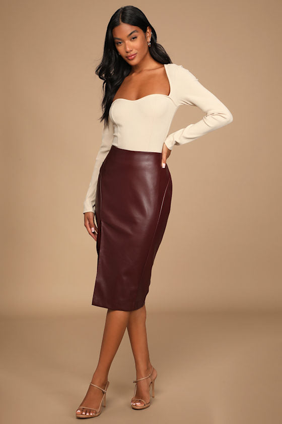 Mireya Wine Red Vegan Leather Pencil Skirt