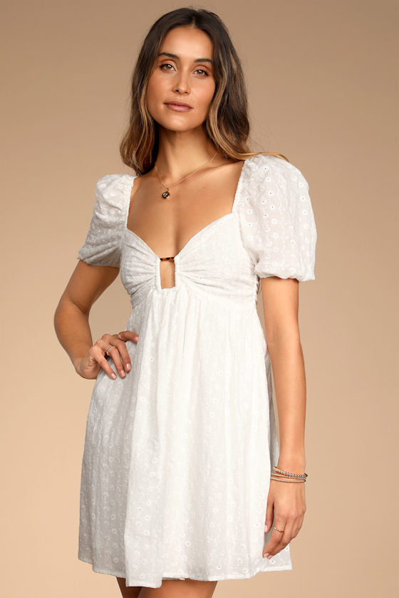 Sunny Day Stunner White Eyelet Embroidered Babydoll Dress