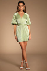 Ethereal Angel Light Green Glitter Puff Sleeve Mini Dress