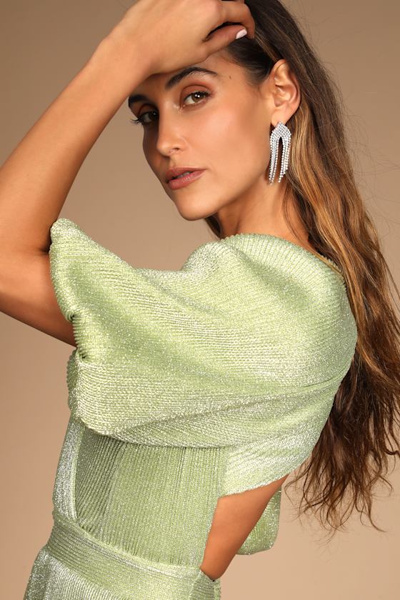 Ethereal Angel Light Green Glitter Puff Sleeve Mini Dress