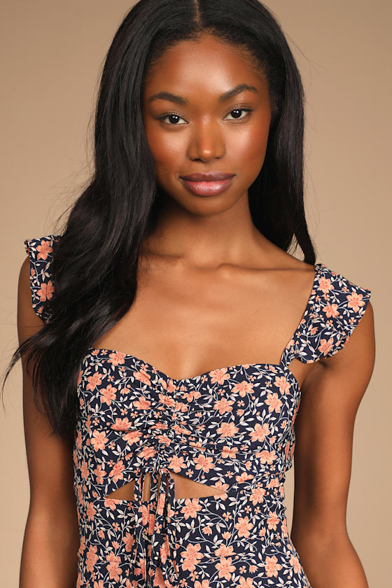 The Way to Love Navy Blue Floral Print Ruffled Maxi Dress