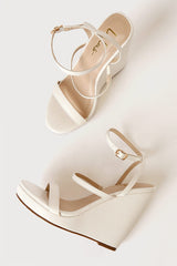 Basik White Ankle Strap Platform Wedge Sandals