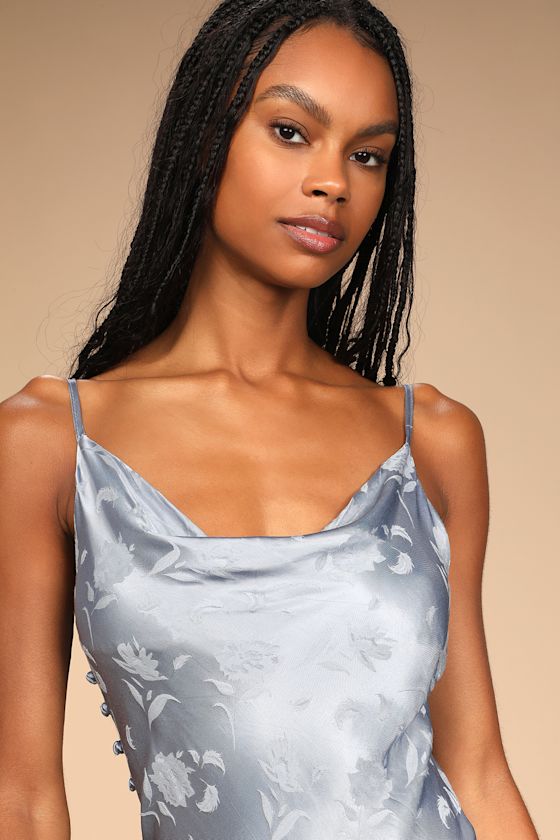 All About You Slate Blue Floral Jacquard Satin Midi Dress
