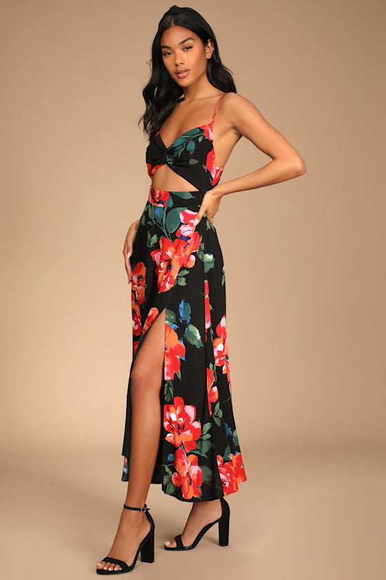 Tropical Blooms Black Floral Print Tie-Back Cutout Dress