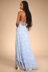 In Love Forever Light Blue Floral Lace-Up High-Low Maxi Dress