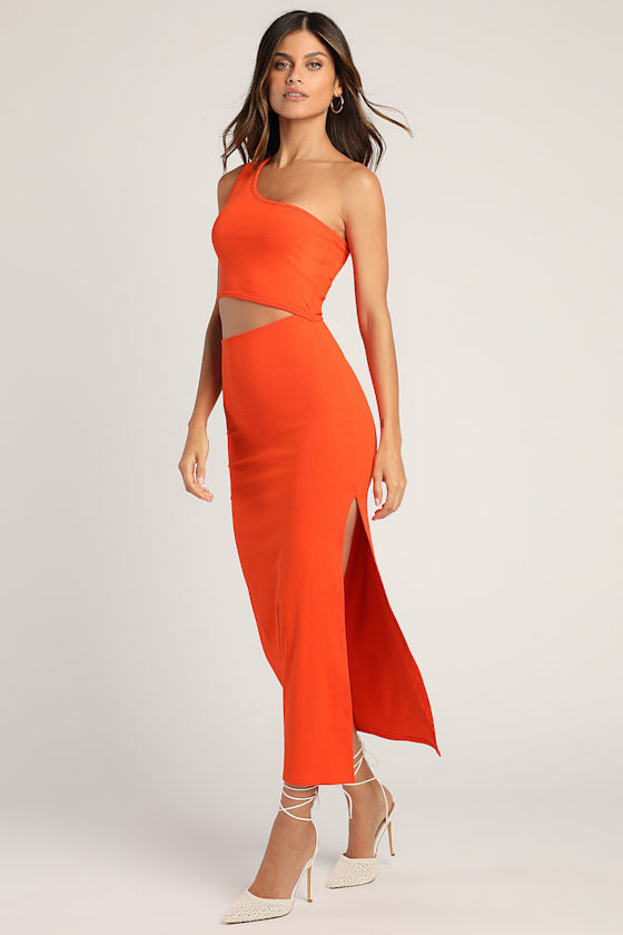 Spice Things Up Orange Ribbed One-Shoulder Cutout Midi Dress