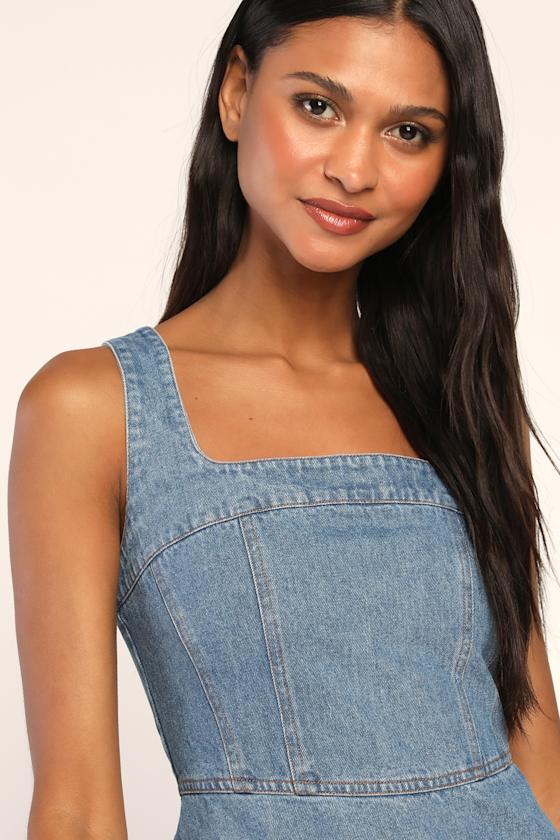 So Delighted Medium Wash Denim Corset Seam Mini Dress