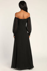 Feel the Romance Black Off-the-Shoulder Maxi Dress
